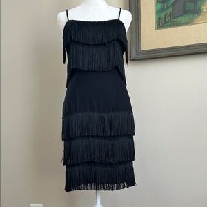 Roberta Black Fringe Spaghetti-Strap Dress. Fair shape. Size XS.